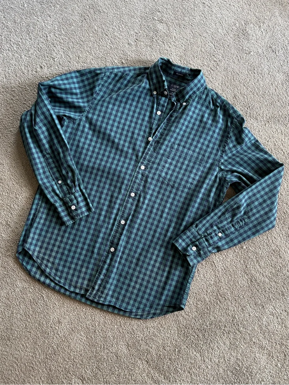 J. Crew Men's Teal and Navy Plaid Button-Down Shirt